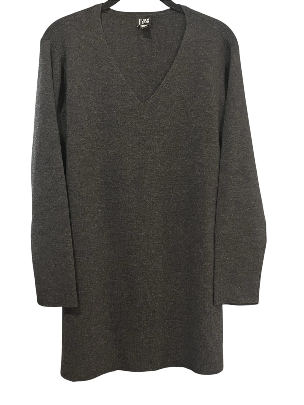 Vintage Eileen Fisher Merino Wool Tunic Sweater M Charcoal Gray V Neck